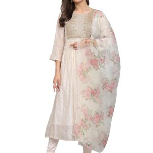 VredeVogel Women's Chanderi Modal Butti Kurta with Stretchable Leggings & Organza Dupatta Set