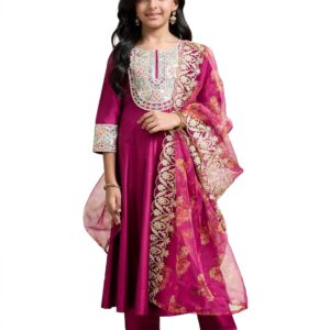 Amazon Brand - Symbol Girl's Rayon Ethnic Wear Embroidered Kurta Set with Organza Dupatta