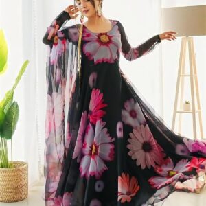 Women's Stylish Floral Printed Orgenza Anarkali Dress Gown, Kurta with Dupatta Set Anarkali Floral Printed Gown with Dupatta