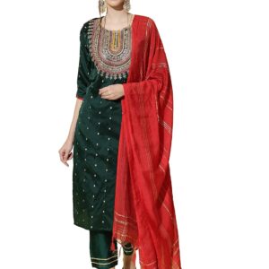 VredeVogel Women's Silk Blend Embroidered Straight Kurta Trouser with Dupatta Set
