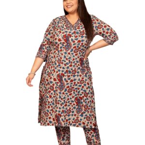 MEERA FAB Plus Size Printed Pure Cotton Straight V-neck Kurta With Palazzo