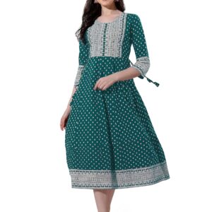 MIRCHI FASHION Women's Cotton Sequins Embroidery Work Foil Printed A-Line Kurti Only