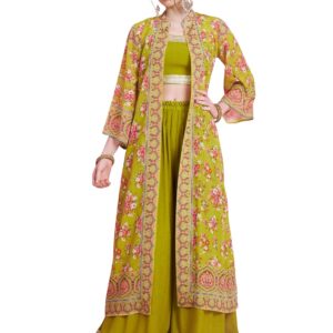 Vbuyz Women'S Lace Work Straight Georgette Crush Parrot-Green Stiched Crop Top Palazzo With Shrug|Women Kurta Sets|Stylish Kurta set|Top Pant set|shrug kurta set