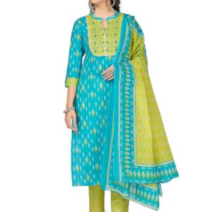 Vbuyz Women's Printed & Embellished & Mirror Work Straight Cotton Stitched Kurta set | Straight Kurta Pant Dupatta | Kurta Set with Dupatta for Women | Suit Set | Ethnic Set | Printed Kurta Set