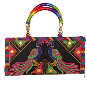Craft Trade Clutch Bags for Women Ethnic Rajasthani Embroidered Mirror Work Cotton Hand Bags for Girls Handmade Purses for Ladies