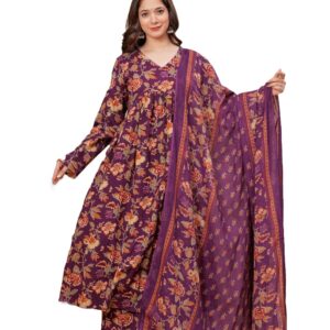 MEERA FAB Women's Cotton Blend V-Neck Plus Size Anarkali Printed Kurta with Palazzo & Dupatta