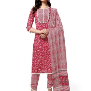 MIRCHI FASHION Women's Straight Fit Cotton Floral Printed and Embellished Kurta Set with Trouser Pant and Dupatta