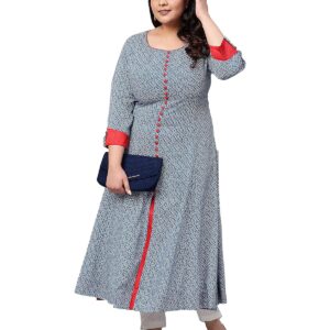 Yash Gallery Women's Rayon Round Neck Geometrical Printed Plus Size A-Line Kurta