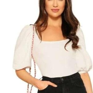 Dream Beauty Fashion Women's Bishop Puff Sleeves Square Neck Slim Top Polyester Blend (Top-Eva)