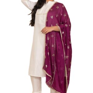 Janasya Women's Plus Size White Poly Silk Kurta With Pant and Dupatta