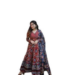 BLUEWINGSCRAFTS Women's Anarkali Printed Cotton Kurta & Pant with Dupatta Set