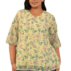 Janasya Women's Plus Size White Dobby Georgette Floral Panelled Top