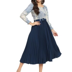 KZULLY | Women A-line Dress with Pleats, has an Square Neck, Printed Top Comes with a Belt