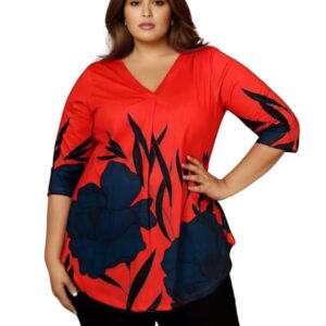 AMYDUS Plus Size Women Printed Top | Centre Pleat for Tummy Flaws | Cloud Soft Fabric | V-Neck | High-Low Hem | Complete Hip Coverage | Plus Size Tops for Women | XL to 9XL