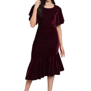 Vaararo Bodycon Party Dress for Women Ruffles Sleeves | Shiny Velvet Fabric Fish Cut Ruffle Bottom Detailing Stylish Casual Outfit