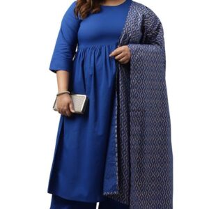 Janasya Women's Plus Size Blue Cotton Solid Kurta with Palazzo and Dupatta