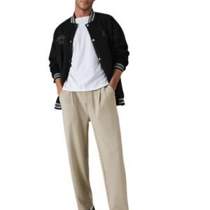 KOTTY Men's Relaxed Fit Pleated Trousers | Casual Elastic Waist Straight-Leg Pants with Pockets | Stylish Formal & Casual Wear