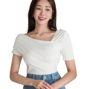 Istyle Can Women's Solid Color Asymmetrical Ruched Stretchy Basic Short Sleeve T-Shirt
