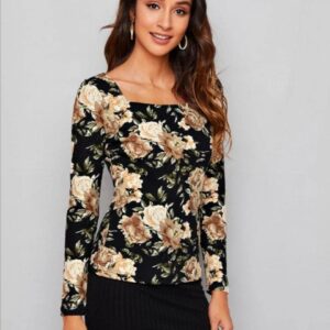 Dream Beauty Fashion Women's Full Sleeve Square Neck Printed Fitted Tee -23" Inches (Sania-Top)