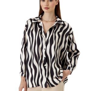 GRECIILOOKS Women's Short Sleeve Button-Down Shirt | Printed Casual Crop Top | Stylish Collared Shirt for Women | Oversized Shirt for Woman