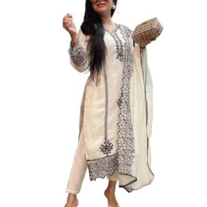 GoSriKi Women's Rayon Blend Straight Embroidered Kurta with Pant & Dupatta
