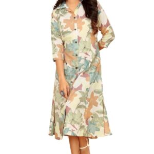 KESUDI Women's A-Line Latest Rayon Floral Print Western Dress || Roll Tab Sleeve & Collared Neck Flared Design || New Office Wear one Piece || Summer wear for Women 2025