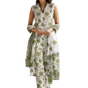 SHIENZY Women's Printed Cotton Blend Sleeveless V-Neck Kurta Pant Dupatta Set || Stylish Indo-Western Kurti for Wedding, Festive, Office or Formal & Casual Summer Wear