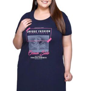 RYSH Women's Plus Size Cotton Long-line Chest Print T-Shirt with Pocket