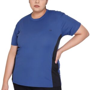 White Moon Women Plus Size Colorblock Self Design Round Neck Polyester Sports Gym T-Shirt