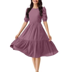 TRENDMALLS Dress for Women Satin Cotton Round Neck Half Puff Sleeve Flared Pleated Midi Western Dress