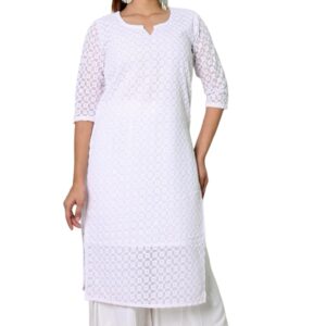 Plus Size Lucknowi Chikan Kurta for Women Chikan Embroidered Regular Fit Hakoba Georgette Kurti with Attached Slip (3XL to 10XL)