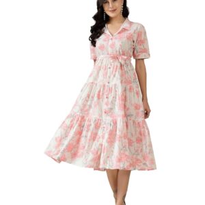 Stylum Women's Floral Printed Cotton Flared Maxi Dress (Drspinkkinnu_Baby Pink)