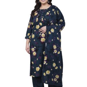 Tissu Women's Plus Size Navy Floral Printed Kurta & Palazzo With Dupatta