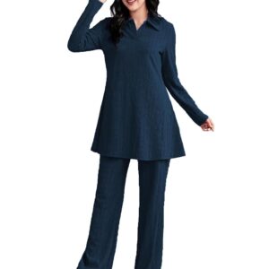 TADKEE Women's Solid Color Two-Piece Set | Long Sleeve Top & Wide Leg Pants Co-ord Set | Casual Wear Co ord Set