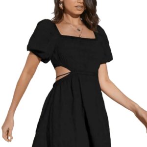 Aahwan Solid Summer Beach Square Neck Puff Sleeve Cut Out Waist Mini Dress For Women's & Girls