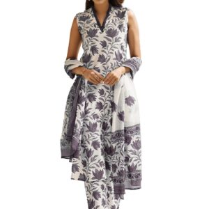 SHIENZY Women's Printed Cotton Blend Sleeveless V-Neck Kurta Pant Dupatta Set || Stylish Indo-Western Kurti for Wedding, Festive, Office or Formal & Casual Summer Wear