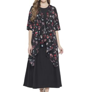 Indietoga Women's Solid Fit and Flare Long Maxi Dress with Floral Printed Shrug (Small to Plus Sizes 10XL)