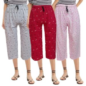SUMAN TEX Women's Cotton Printed Nightwear Capris Pyjama for Girls and Women Printed 3/4 Pyjama Plus Size Set of 3 (3XL)
