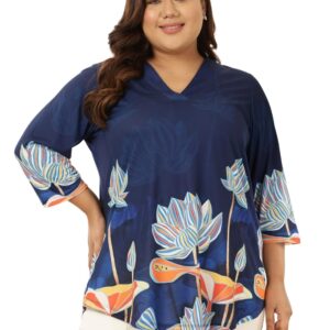 AMYDUS Plus Size Blue Floral Top for Women | Sizes 2XL to 9XL | 3/4 Sleeve | High-Low Hem | Complete Hip Coverage | Plus Size Tops for Women