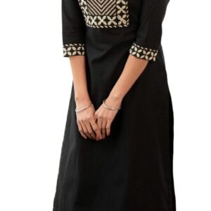 Yashika Women's 3/4 Sleeve Solid Black Color Kurti Pant Set, Cotton Blend, Knee Length, Stylish Ethnic Outfit, Office, and Casual Occasions