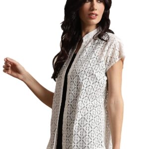 UnaOne Women White Self Design Textured Cotton Collared Open Front Casual Outwear Shrug Jacket