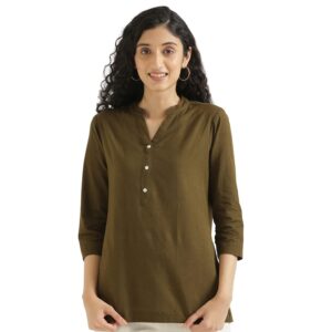 SAADAA Women Short Kurti Airy Linen Regular Fit Kurta with 3/4th Sleeves, Mandarin Collar, Side Slit Perfect for Casual, Formal, and Ethnic Wear