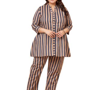Tissu Women's Plus Size Pure Cotton Blue Printed Shirt with Pyjama Co-Ord Set