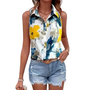 Gufrina Women’s Sleeveless Button Down Shirt with Abstract Floral Print in Yellow and Blue - Lightweight Casual Summer Top for Relaxed Fit