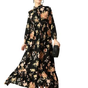 KZULLY | Floral Printed Maxi Dresses for Women | Long Sleeve Beautiful Floral Patterns | Stylish and Elegant Dress | Tie Neck