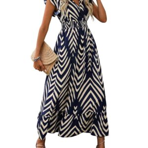 Shasmi Women's & Girl's V-Neck Striped Printed Dress with Ruffled Hem and Belted Waist for Vacation, One Piece Dress for Women's Casual Dress (Dress 140)