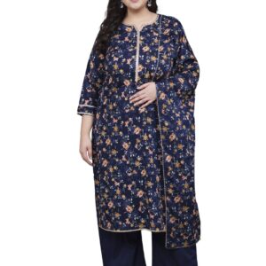 Tissu Women's Plus Size Navy Blue Printed Pure Cotton Kurta Palazzo With Dupatta