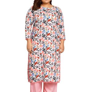Tissu Women's Plus Size White & Pink Printed Kurta with Palazzo