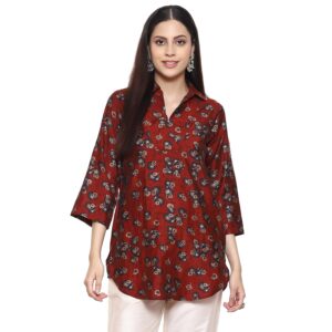 BIBA Women Regular Fit Burnt Poly Viscose Straight Printed Top