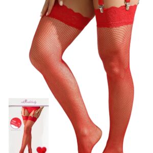 ohmydear Women Fishnet Stockings Plus Size Hold Up Thigh High Stockings Lace Top Anti-skid Pantyhose (Box Package)